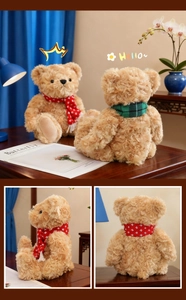 Detailed views of a teddy bear with a snowflake scarf in a cozy home setting