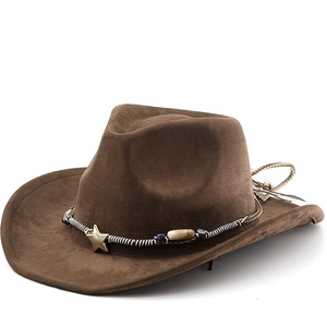 Western Cowboy Hat Faux Suede Retro Ethnic Style With Metal Star Bead Decor Curved Brim For Men Women Outdoor