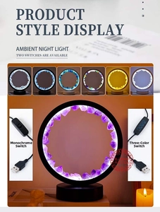 Detail of USB amethyst crystal ring lamp featuring adjustable light modes and black base