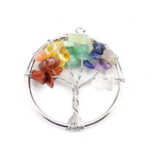 Macro detail of Tree of Life pendant with multicolored gemstone chips and silver wire