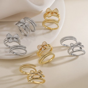 Bow And Twisted Texture Adjustable Open Ring Copper 18K Gold Plated Zircon Double Layer Jewelry For Women