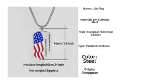 Detail showing USA flag dog tag necklace in 304 stainless steel with engraved text