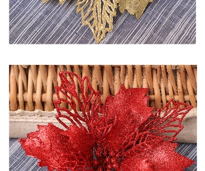Close-up of hollowed-out red and gold glitter Christmas tree flowers with detailed veins