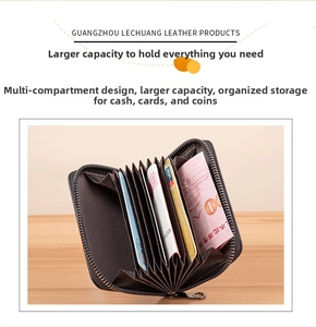 Detail of black accordion leather card holder showing multiple slots for cards and cash