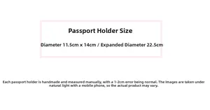 Detailed size chart showing dimensions 11.5x14cm for the cartoon passport holder cover