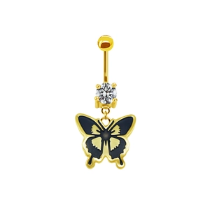 Detail of gold navel ring with black enamel butterfly pendant and round cubic zirconia