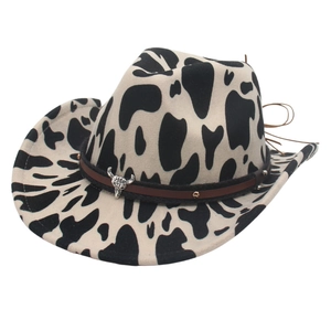 Cow Print Cowboy Hat Western Felt Fedora With Faux Leather Band Metal Bull Head Rivets Outdoor Fashion Accessory