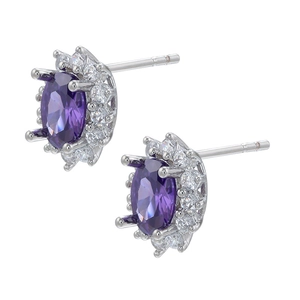 Macro shot of oval purple zircon studs featuring silver-tone prong setting and halo diamonds