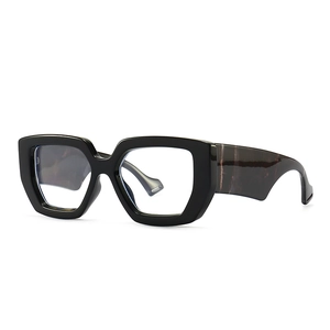 Stylish black thick-frame blue light glasses with brown marble textured temples