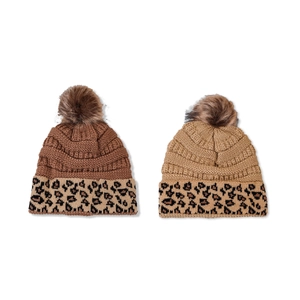 Winter knit beanies with faux fur pom and leopard print cuff in brown and khaki tones