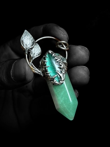 Vintage Halloween ghost claw pendant with hexagonal green aventurine crystal and silver leaf