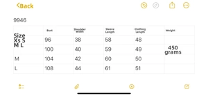 Tableau des tailles détaillé pour veste courte en bouclé avec mesures du buste
