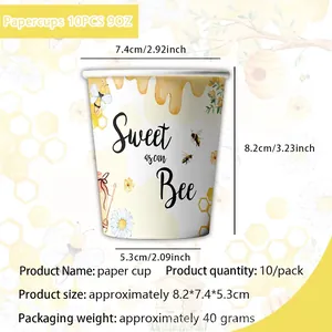 Detail view of bee-themed 9oz disposable paper cups showing size and sweet honeycomb design