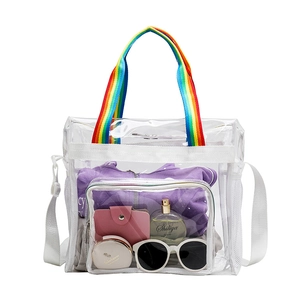 Detail of transparent PVC beach bag with rainbow straps and a white shoulder strap