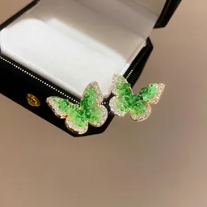 Butterfly Stud Earrings With Green Crystal And Zircon 18K Gold Plated Elegant Jewelry With Silver Earring Post For Women