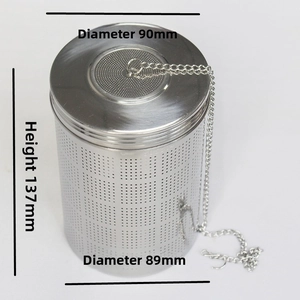 Detailed view of stainless steel tea infuser basket with 137mm height and mesh filter