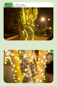 Close-up of warm white LED copper wire lights wrapped around a tree trunk for garden decor