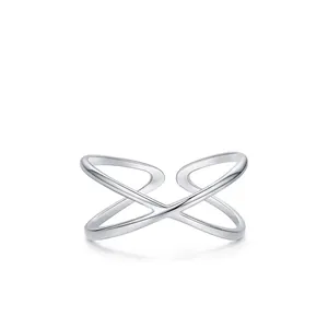 Minimalist S925 sterling silver X-shaped criss-cross adjustable open ring with polished finish