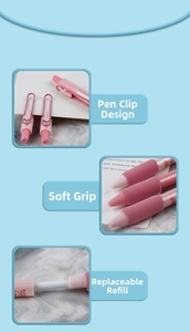 Pink cherry blossom gel pen with soft grip, clip design, and refillable core detail