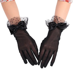 Women Lace Gloves Mesh Polka Dot Ruffle Trim Satin Bow Vintage Wedding Bridal Evening Party Elegant Dress Accessories