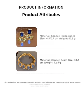 Detail showing bow earrings with blue rhinestones and necklace specifications on white back
