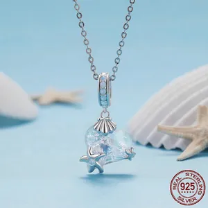 Ocean-inspired S925 silver heart necklace with blue opal shell and starfish charms