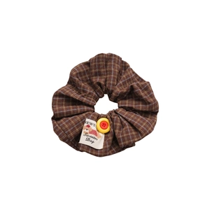 Brown plaid scrunchie hair tie with yellow button and cute cartoon dog embroidery