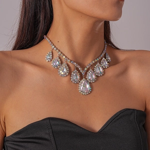 Detail of luxury necklace with AB crystal waterdrop pendants on a silver chain