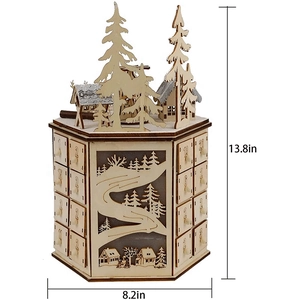 Detailed view of wooden advent calendar dimensions with 24 drawers and LED snowy scene