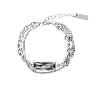 Silver multilayer Cuban link and snake chain bracelet with grey crystal stone focal point