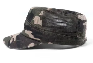 Side view of men's camouflage cadet cap showing breathable mesh panels and sturdy brim