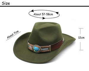 Chapeau de cow-boy vert armée avec dimensions et ceinture ornée d'une turquoise