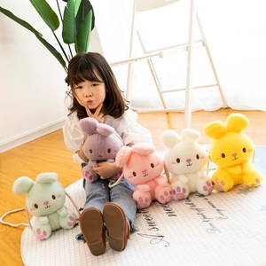 Cute cartoon plush rabbit crossbody bags for kids in five soft pastel colors