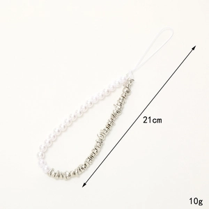 Fashion pearl and silver textured bead phone strap with 21cm length for wrist