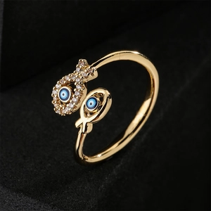 Evil Eye Double Fish Open Ring Copper Gold Plated Zircon Adjustable Geometric Finger Jewelry For Women