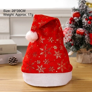 Red non-woven Santa hat with golden snowflake sequins and white plush trim, 28x39cm size
