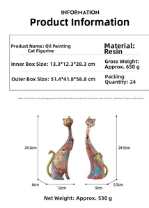 Detail of artistic resin cat figurines featuring colorful oil painting texture and gold accents