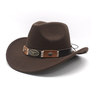 Dark brown wool felt western cowboy hat with leather band and metal bull head emblem