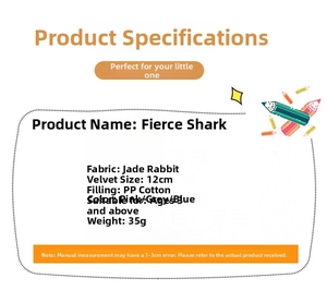 Detailed chart showing fierce shark plush dimensions, materials and product weight