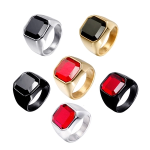 Collection of six men's titanium steel rings with square gemstones in assorted colors