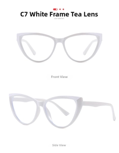 Detailed front and side views of stylish white cat-eye eyewear frames with tinted lenses