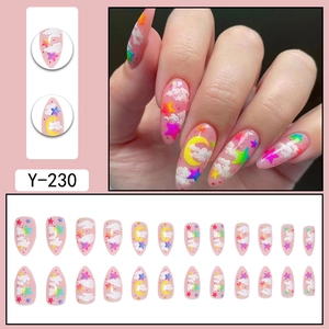 Press on nails with white clouds and colorful stars on pink almond shaped tips