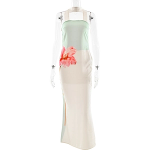 Robe longue élégante en satin avec imprimé floral et licou en vert et beige dégradé