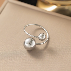 Minimalist silver finish stainless steel open ring with double ball beads design