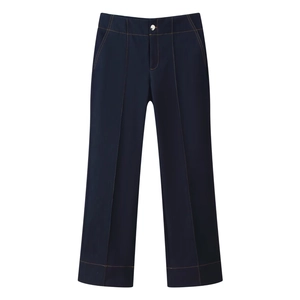 Pantalon femme bleu foncé à coupe droite avec taille haute et coutures contrastées orange