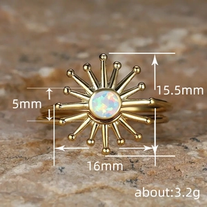Sunrise opal ring in gold-plated sunburst design with dimensions and weight specs