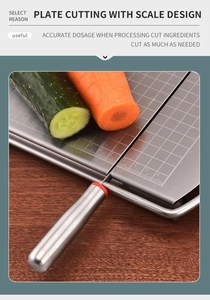 Detailed macro view of stainless steel cheese slicer with measurement grid for precision