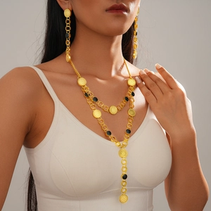 Retro Palace Style Jewelry Gold Alloy Coin Pendant Layered Long Necklace And Dangle Earrings With Silver Earring Post
