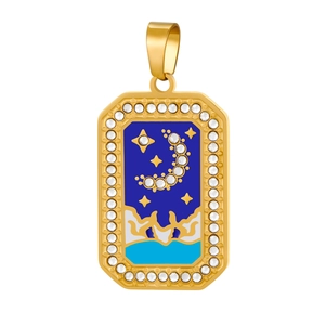 Close-up of golden celestial pendant with blue enamel and white zircon inlays