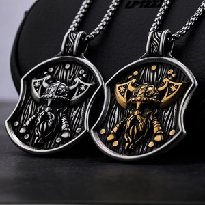 Viking warrior shield necklace with double axes in stainless steel with antique finish
